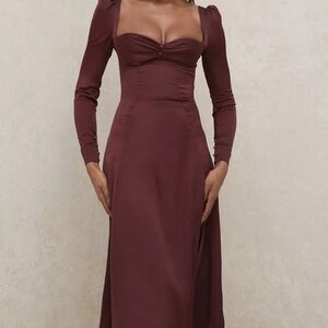 House of CB Brown Ruched Sheath Dress with Puff Sleeves